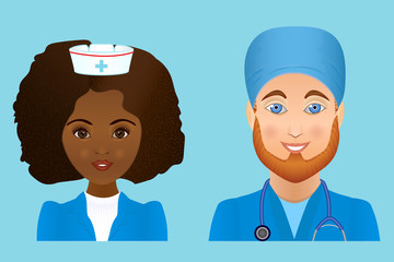 Fototapeta premium Man and woman professional medical staff icons with stethoscope. Vector illustration