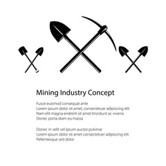 Mining Industry and Construction Concept, Crossed Shovel and Pickaxe , Crossed Shovels, Tools for Excavation, Black and White Vector illustration