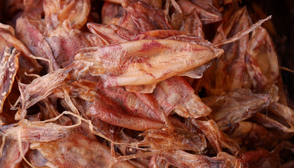 Dried squid at seafood market in Thailand