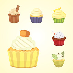 Set of cute vector cupcakes and muffins. Colorful cupcake isolated for food poster design.