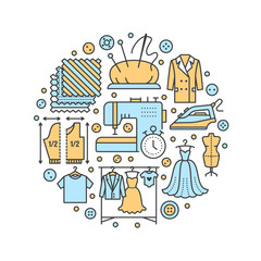Clothing repair, alterations studio equipment banner illustration. Vector line icon of tailor store services - dressmaking, clothes steaming, suit dress, garment sewing. Atelier circle template.