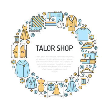 Clothing repair, alterations studio equipment banner illustration. Vector line icon of tailor store services - dressmaking, suit, garment sewing. Clothes atelier circle template with place for text.
