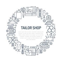 Sewing equipment, hand made supplies banner illustration. Vector line icon needlework accessories - sewing machine, fabric, pin, iron, hanger, DIY tools. Tailor store template with place for text.