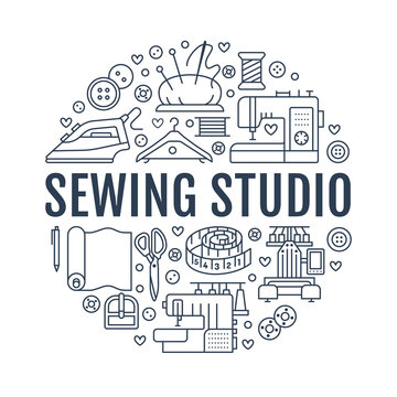 Sewing equipment, hand made studio supplies banner illustration. Vector line icon needlework accessories - sewing machine, fabric, iron, hanger, DIY tools. Tailor store template with place for text.