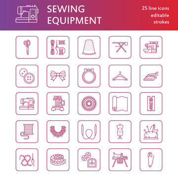 Sewing equipment, tailor supplies flat line icons set. Needlework accessories - sewing embroidery machine, pin, needle, thread, zipper, hanger, DIY tools. Linear signs set, logos for hand made store.