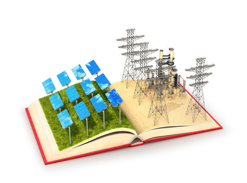 concept of nature and industry. Open book with illustrations of solar panels and a power plant. 3d illustration
