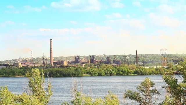Panorama of an industrial plant by the river Dnipro