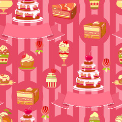 Vector Cake seamless pattern. Cute various desserts.
