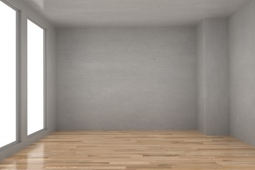 empty concrete room in parquet wood floor with light interior in 3D rendering