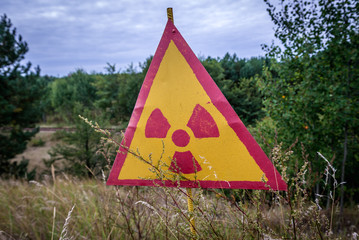 Close up on radiation sign in Red Forest near power plant in Chernobyl Exclusion Zone, Ukraine