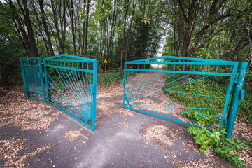 Cemetery gate in abandoned Pripyat city in Chernobyl Exclusion Zone, Ukraine