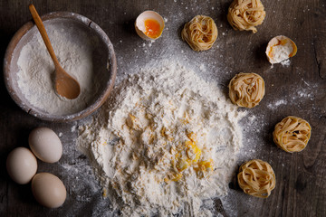 Ingredients for baking on a wooden background.