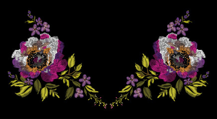 Colorful embroidery on a black background. A beautiful bouquet of roses for the design of clothes.