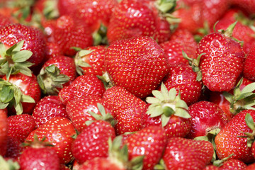 Strawberries on the market, Colorful photo of strawberries with defocused background, Selective focus with shallow depth of field