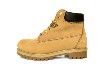 Male Brown Boot on White Background, Isolated Product, Top View, Studio.