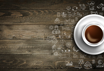 Infograph background template with a fresh coffee on real wooden table