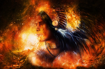 Beautiful young indian warrior in cosmic space. Painting collage. Fire effect.