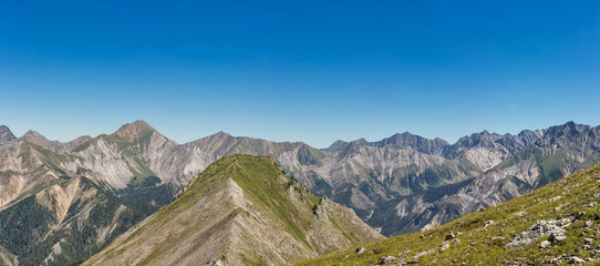 panorama of the European alps with peaks, glaciers, meadows and valleys in a beautiful wide-angled shot
