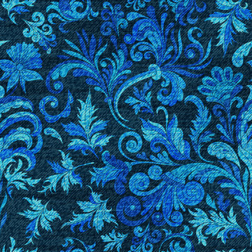 Vector denim ornamental doodle floral seamless pattern. Faded jeans background with fantasy flowers. Blue jeans cloth background