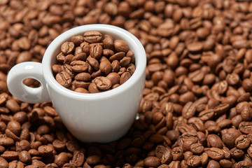 Fototapeta premium Closeup of small espresso coffee cup full of coffee beans in coffee beans