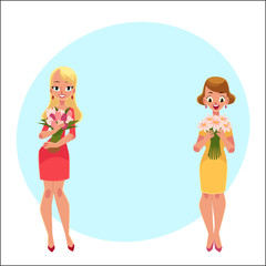 Two beautiful blond women, girls standing, holding bunches of flowers, cartoon vector illustration with space for text. Full length portrait of happy girls, women with bunches of flowers