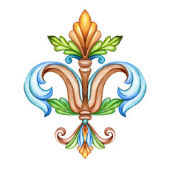 watercolor illustration, fleur de lis, acanthus, abstract decorative element, isolated on white background, vintage ornament clip art © wacomka