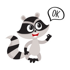 Cute little raccoon character sitting in lotus pose with OK word in speech bubble, cartoon vector illustration isolated on white background.