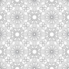 Doodles mandala seamless pattern. Adult coloring page. Black and white florale elements. Repeat pattern background. Hand drawn vector illustration.