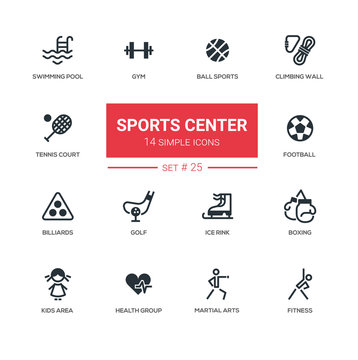 Sports center - modern simple icons, pictograms set
