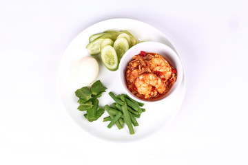 Fresh shrimp chili dip served with side dish.