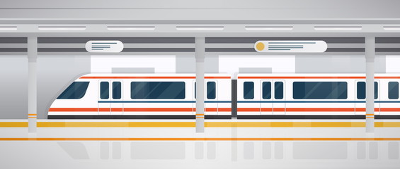 Subway, underground platform with modern train. Horizontal colorful vector illustration in flat style.