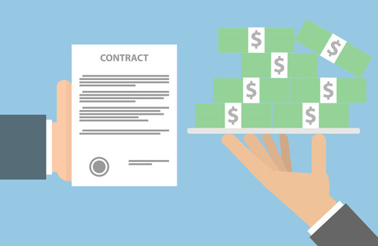 Trading contract for money concept. Hand holding a tray full of cash and an other hand holding a contract paper