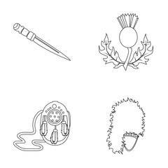 National Dirk Dagger, Thistle National Symbol, Sporran,glengarry.Scotland set collection icons in outline style vector symbol stock illustration web.