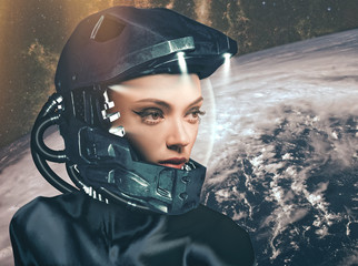 Science fiction, female portrait against fantastic skies