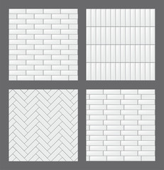 Set of seamless patterns with modern rectangular white tiles. Realistic textures collection. Vector illustration.