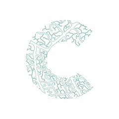 Nature alphabet, ecology decorative font. Capital letter C filled with leaf veins pattern green outline background. Leaves texture hand draw nature alphabet. Vector illustration.