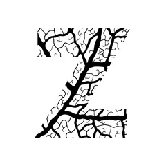 Nature alphabet, ecology decorative font. Capital letter Z filled with leaf veins pattern black on white background. Leaves texture hand draw nature alphabet. Vector illustration.