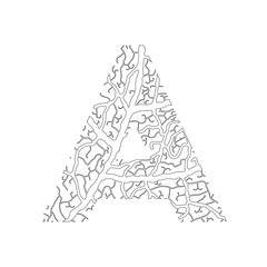Nature alphabet, ecology decorative font. Capital letter A filled with leaf veins pattern black on white outline background. Leaves texture hand draw nature alphabet. Vector illustration.