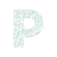 Nature alphabet, ecology decorative font. Capital letter P filled with leaf veins pattern green outline background. Leaves texture hand draw nature alphabet. Vector illustration.