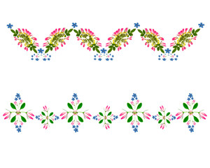 Two flower pattern, ornament  of pink and blue flowers, green leaves on a white background . Flat lay top view. The pattern of flowers. Flowers texture pattern
