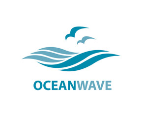 Naklejka premium logo oceanu z falami i mewami