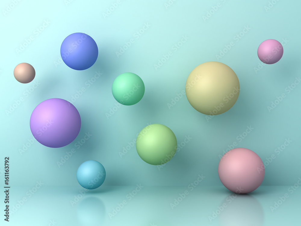 Aufkleber Abstract colorful 3d flying spheres on cyan background with reflection and shadows. 3D rendering.