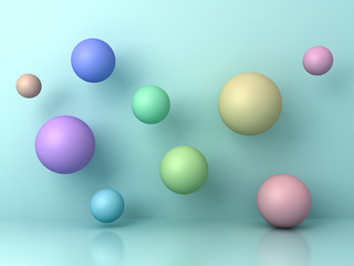 Abstract colorful 3d flying spheres on cyan background with reflection and shadows. 3D rendering.
