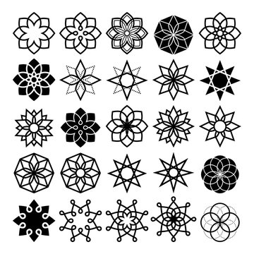 Geometric Flower And Stars Collection, Lineart Abstract Flower Icons Set