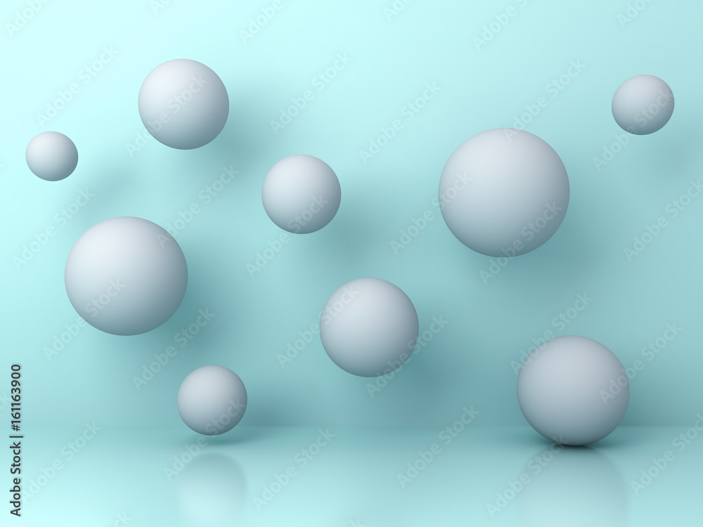 Aufkleber Abstract white flying 3d spheres on cyan background with reflection and shadows. 3D rendering.