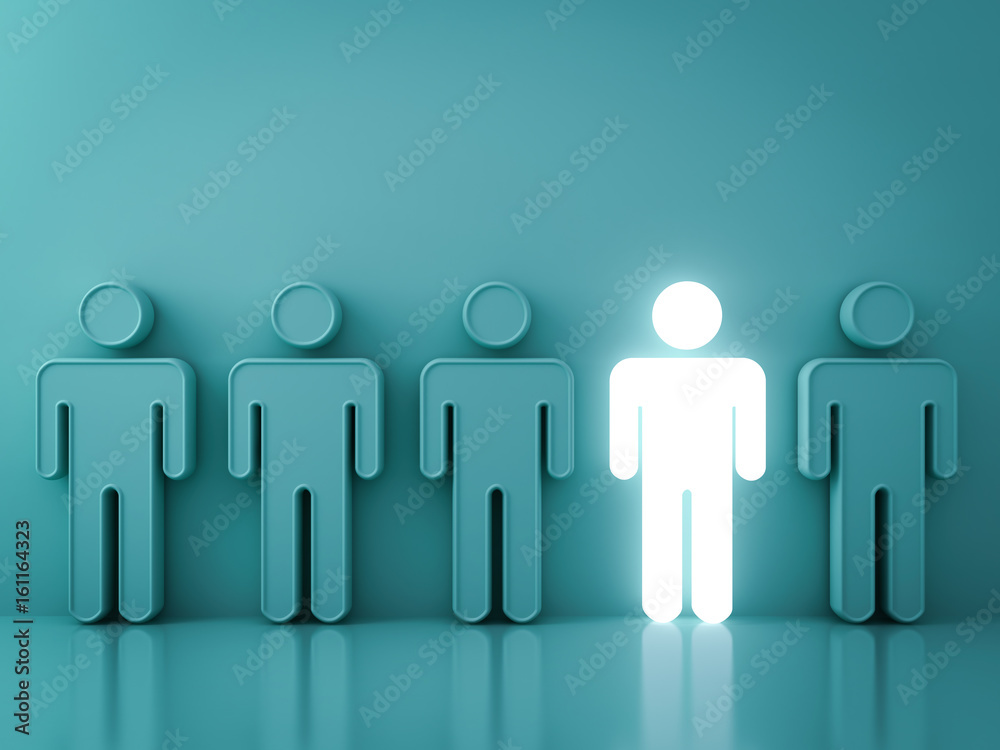Fototapete stand out from the crowd and different creative idea concepts , one glowing light man standing among