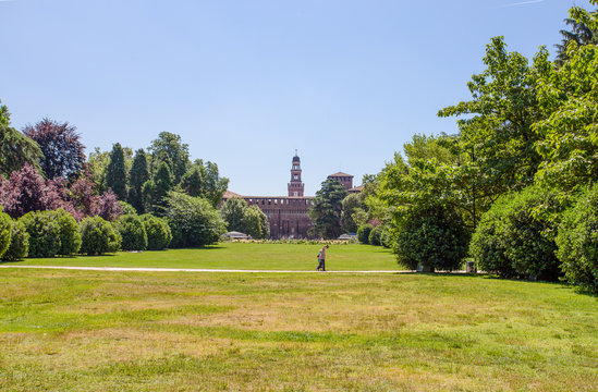 Castello Sforzesco seen from Sempione Park in Milan, Italy.