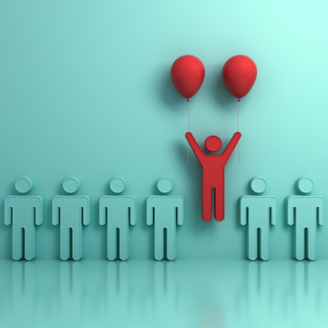 Stand out from the crowd and different creative idea concepts , One man flying upward with two red balloons out from green people on light green background with reflections and shadows. 3D rendering.