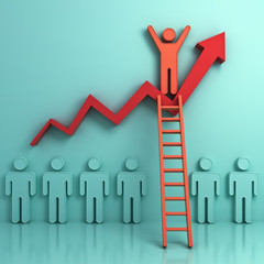 Stand out from the crowd and different creative idea , One man climbing ladder to standing on top of business growth graph chart on light green background with reflections and shadows . 3D rendering.