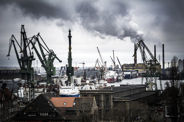 Heavy industrial scene at the Gdansk shipyard in Poland